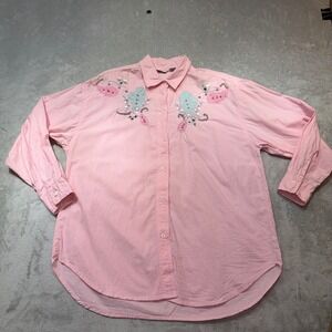 Vintage Pink Embroidered Beaded Metallic Cotton Button Down Shirt Western Boho M